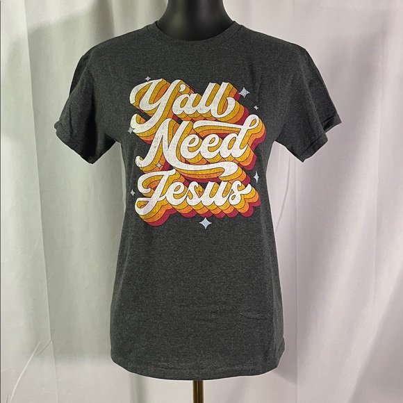 DOM Gray Y’all Need Jesus Short Sleeve Crew Neck T-Shirt - Picture 1 of 16